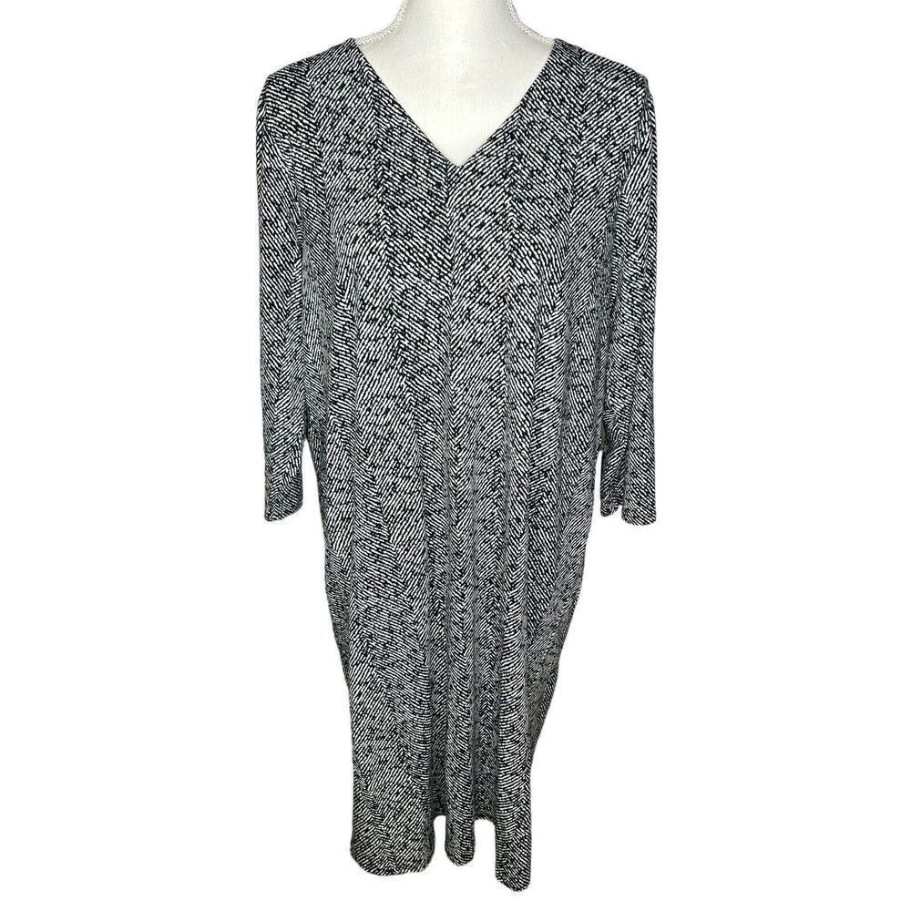 J. Jill Wearever  Collection V-Neck Black Printed And White Stretch Dress L